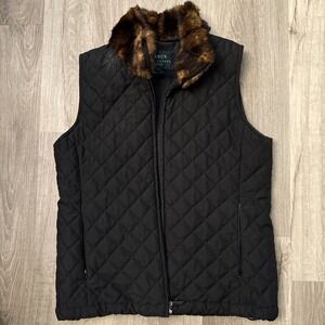 Polo Ralph Lauren Womens Quilted Vest Petite Faux Fur Collar Black Zip Jacket
